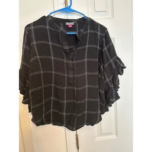 Vince Camuto Black White Plaid Ruffle Sleeve Button Neck Tunic Top 1X